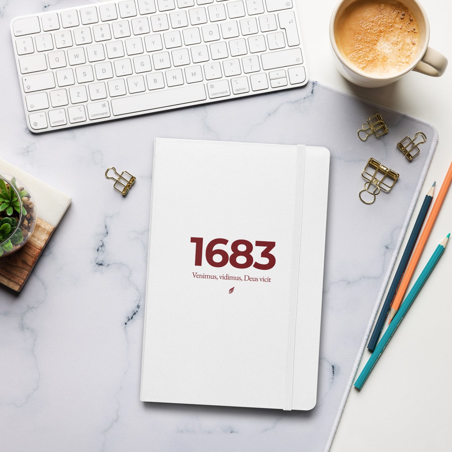 Hardcover notebook with white cover, burgundy lettering “1683”, Polish Hussar wing, and Venimus, Vidimus, Deus Vicit – Battle of Vienna journal