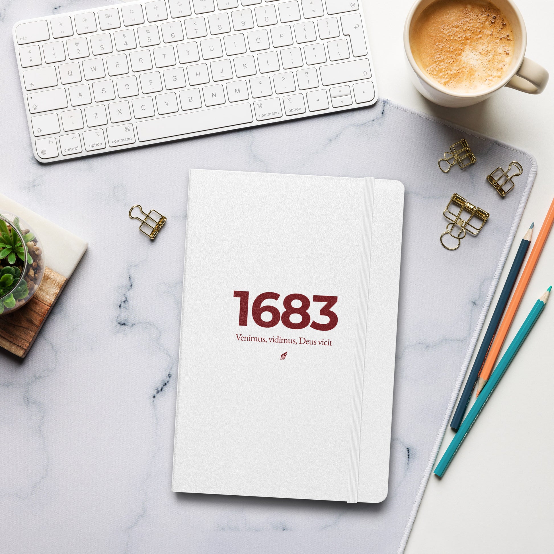 Hardcover notebook with white cover, burgundy lettering “1683”, Polish Hussar wing, and Venimus, Vidimus, Deus Vicit – Battle of Vienna journal