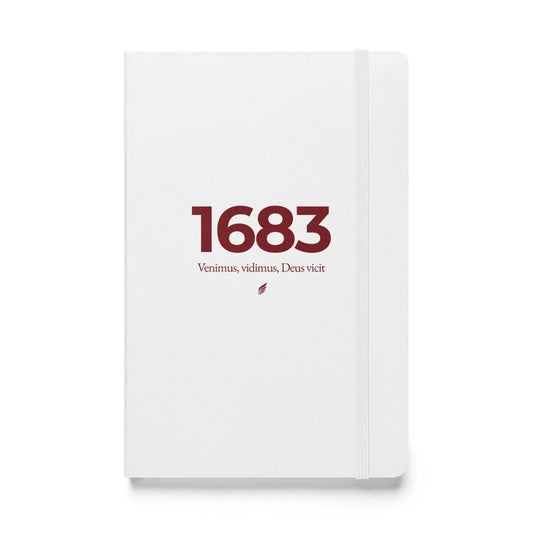 Hardcover notebook with white cover, burgundy lettering “1683”, Polish Hussar wing, and Venimus, Vidimus, Deus Vicit – Battle of Vienna journal