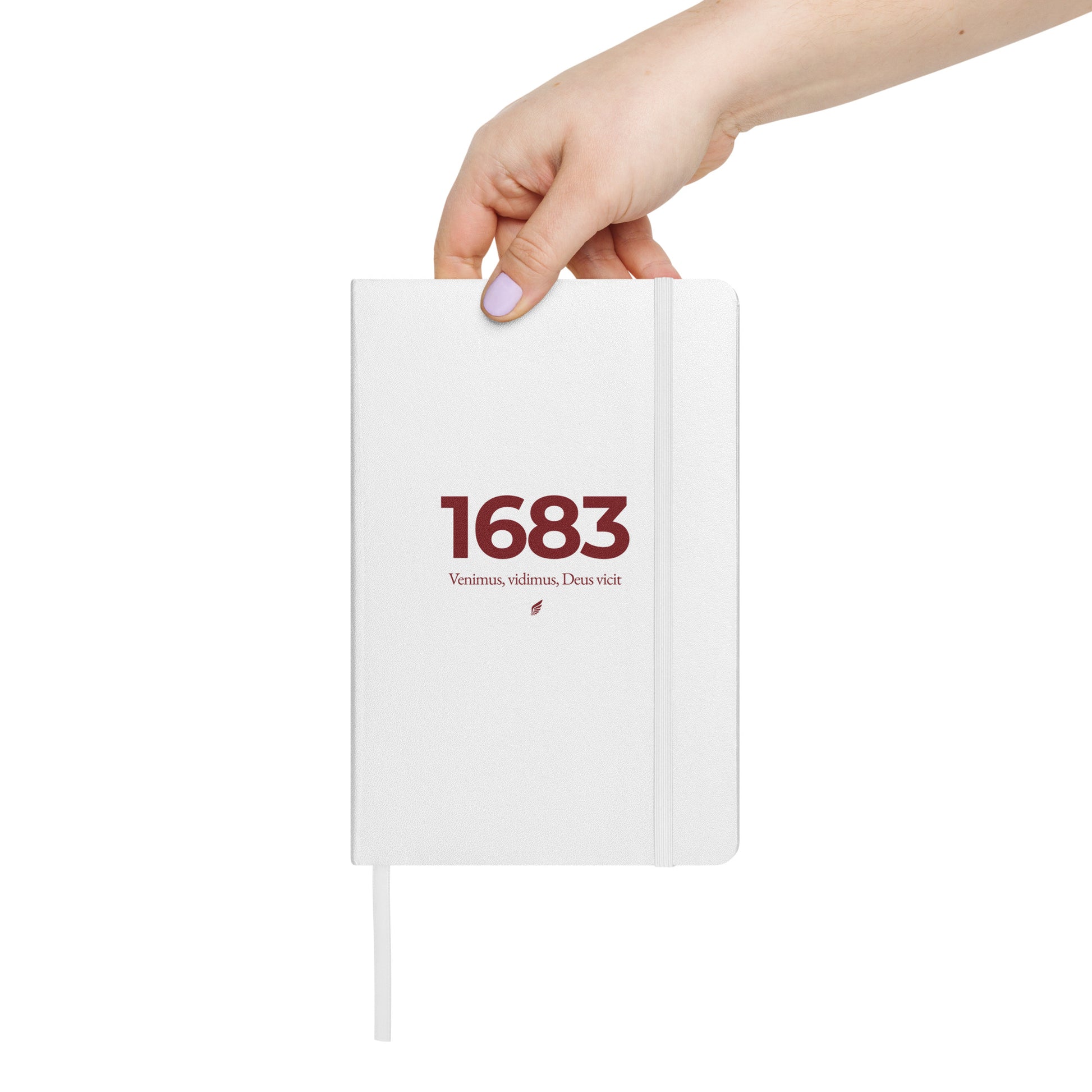 Hardcover notebook with white cover, burgundy lettering “1683”, Polish Hussar wing, and Venimus, Vidimus, Deus Vicit – Battle of Vienna journal