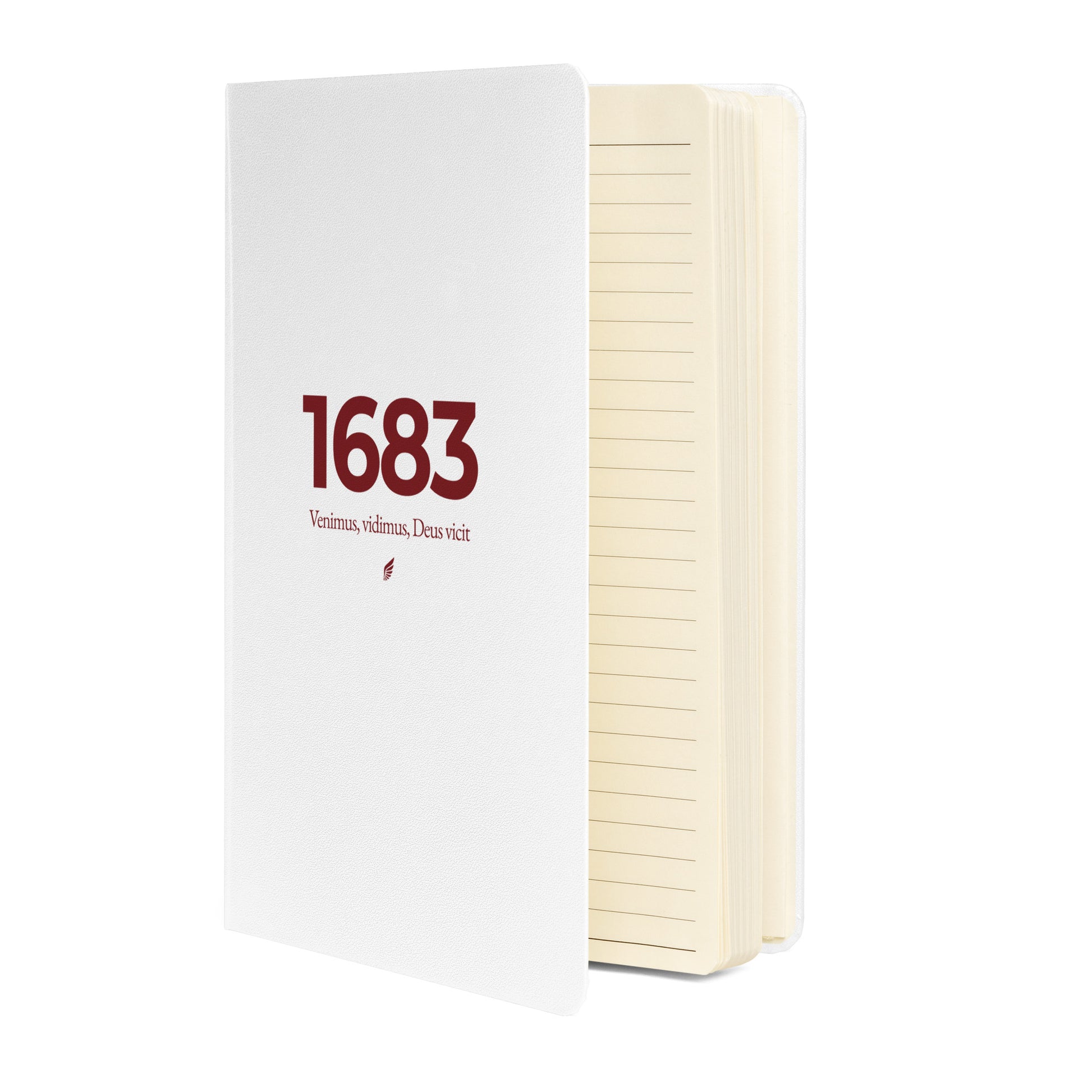 Hardcover notebook with white cover, burgundy lettering “1683”, Polish Hussar wing, and Venimus, Vidimus, Deus Vicit – Battle of Vienna journal