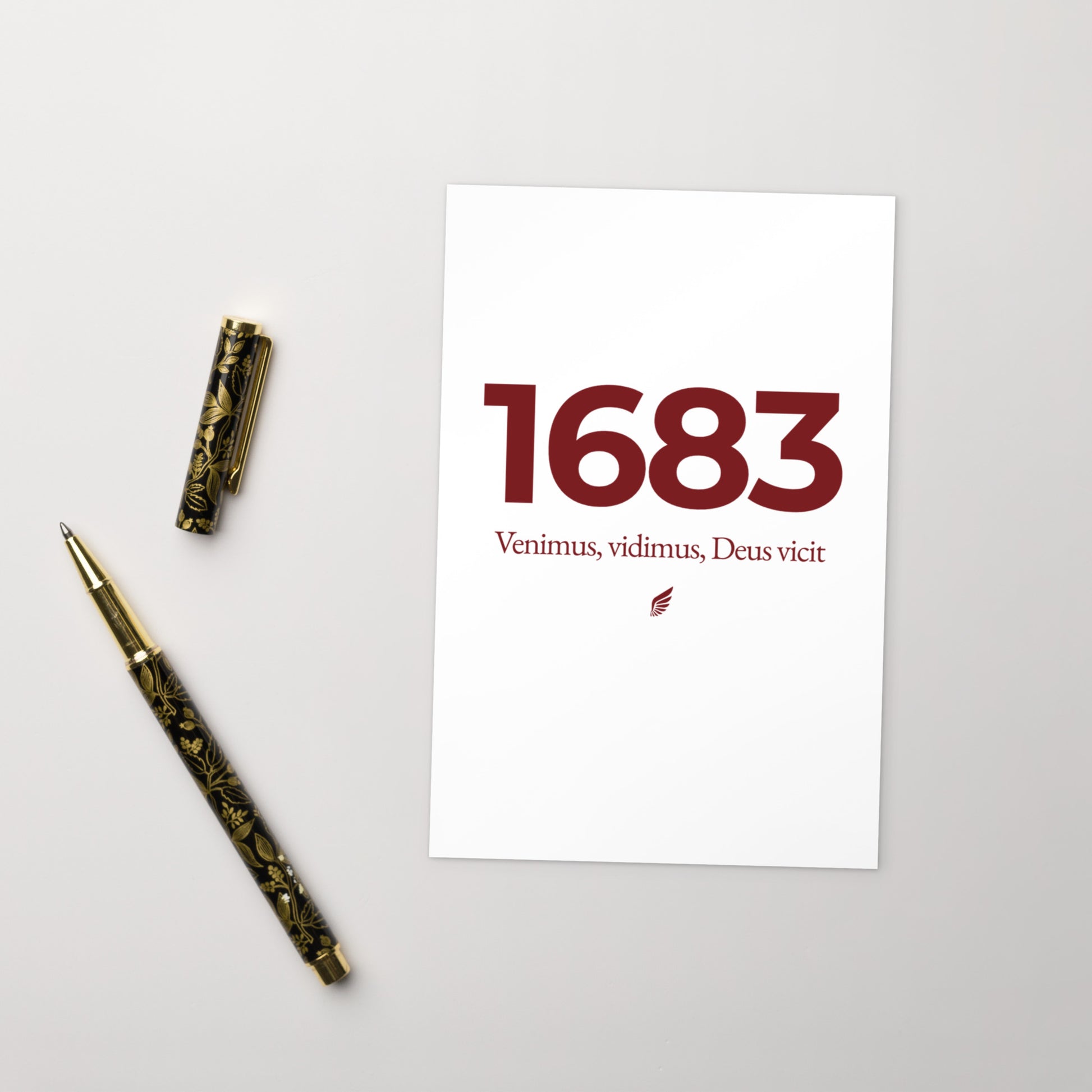 4×6 inch postcard featuring the Polish Hussar wing and Venimus, Vidimus, Deus Vicit, commemorating Jan III Sobieski and the 1683 Battle of Vienna.