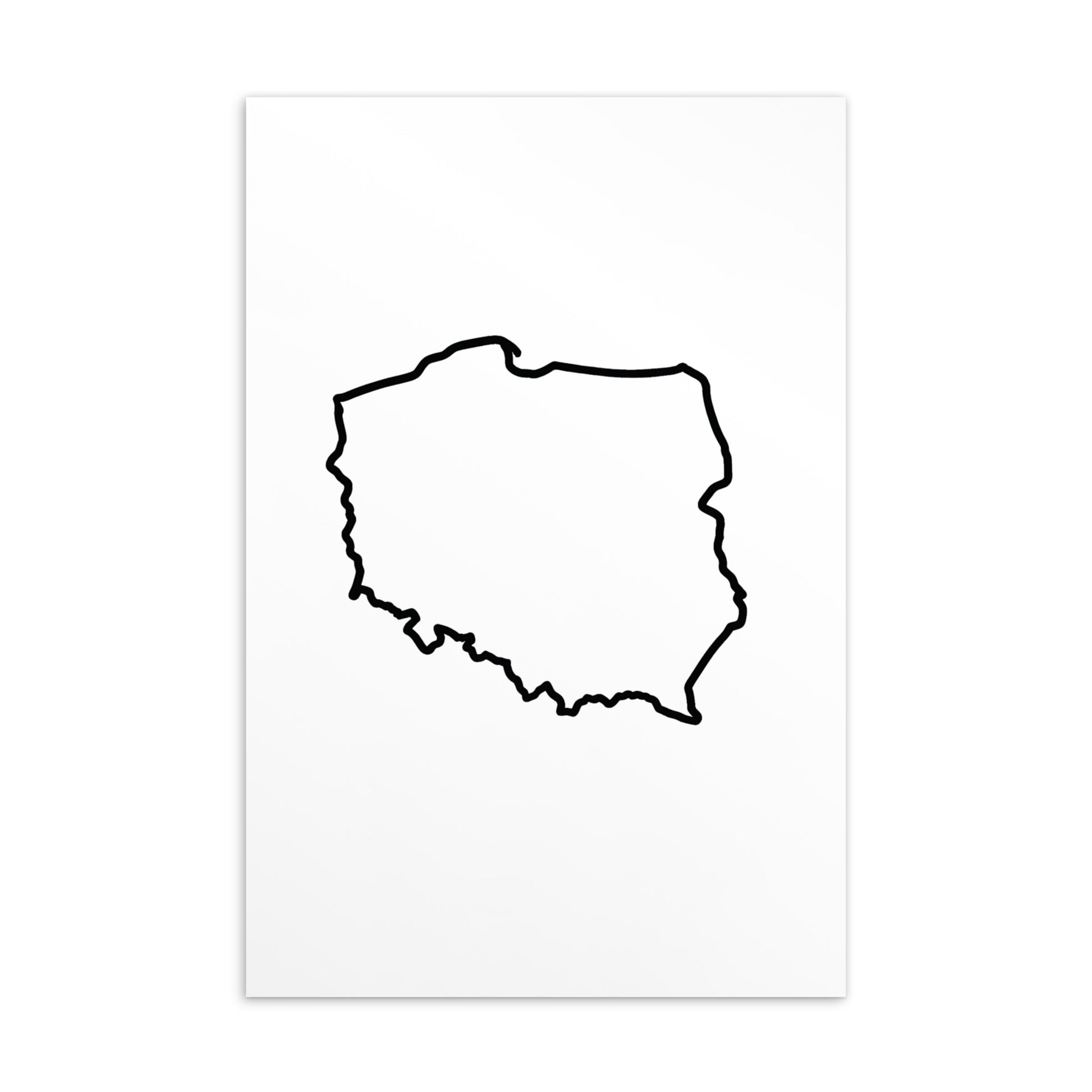 Minimalist black outline of Poland printed on a white matte postcard