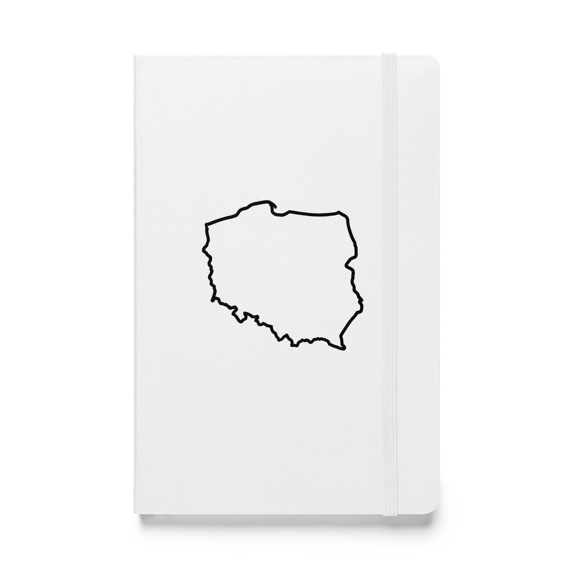 White hardcover notebook with minimalist black outline of Poland
