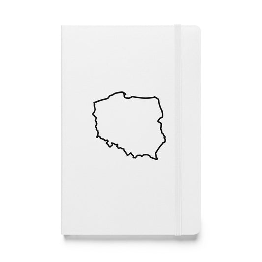 White hardcover notebook with minimalist black outline of Poland