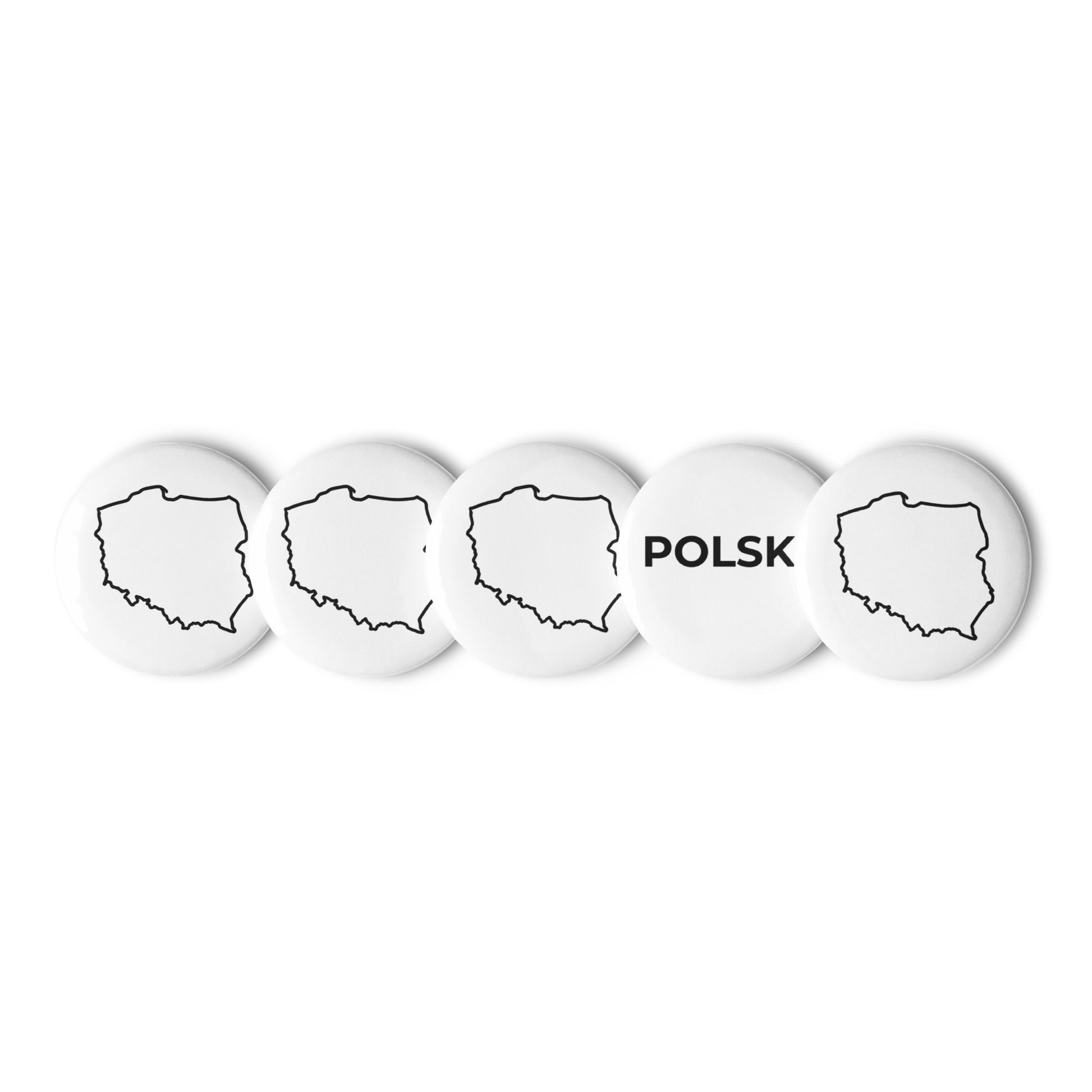 Set of five pin buttons featuring four designs with the outline of Poland and one with the word POLSKA on a glossy, scratch-resistant finish.