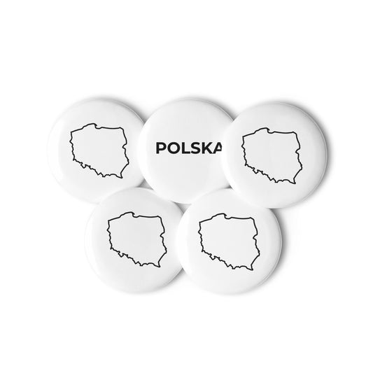 Set of five pin buttons featuring four designs with the outline of Poland and one with the word POLSKA on a glossy, scratch-resistant finish.