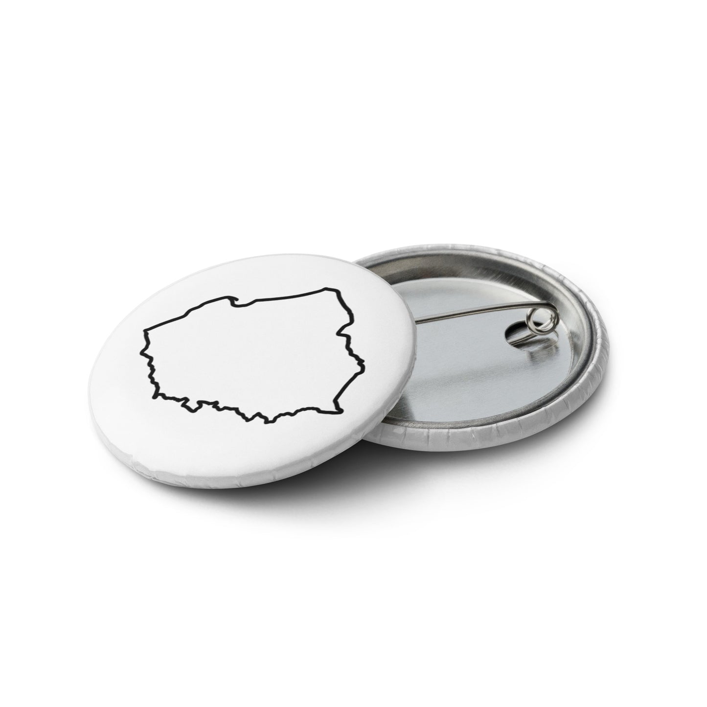 Set of five pin buttons featuring four designs with the outline of Poland and one with the word POLSKA on a glossy, scratch-resistant finish.