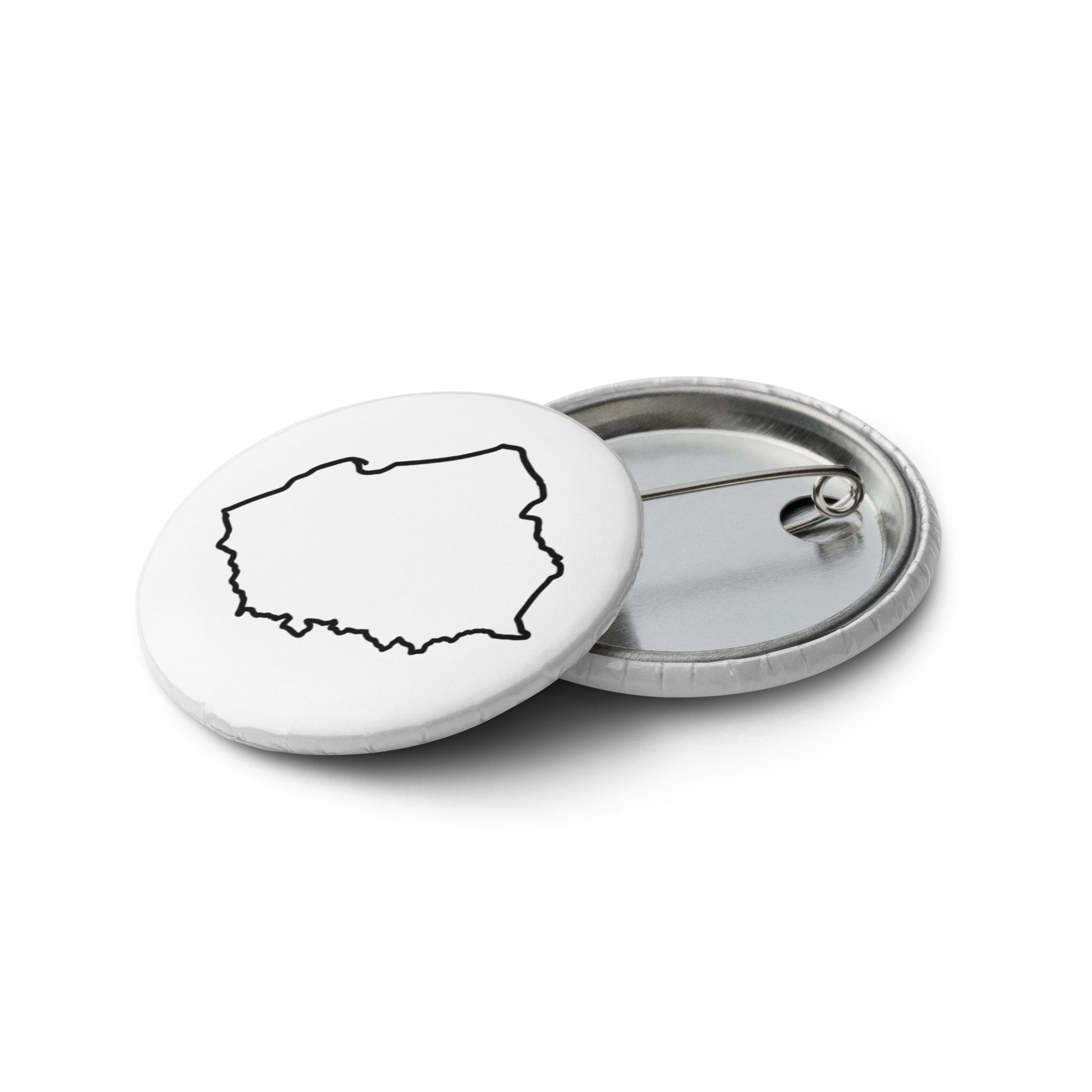 Set of five pin buttons featuring four designs with the outline of Poland and one with the word POLSKA on a glossy, scratch-resistant finish.